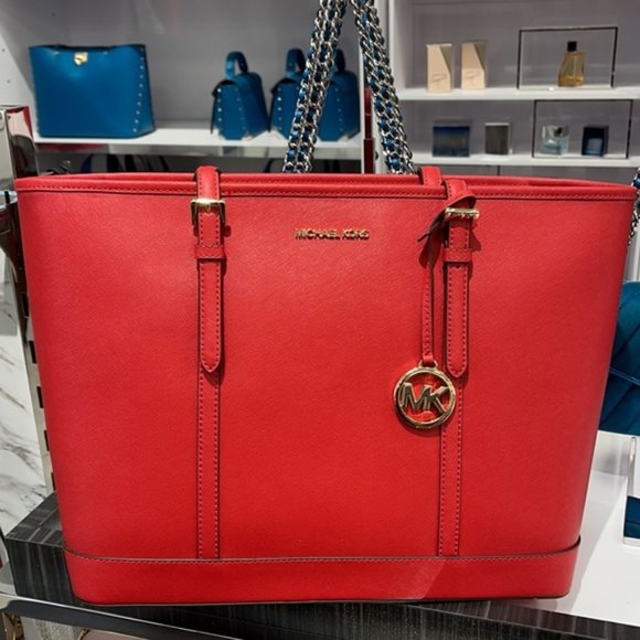 Michael Kors 'jet Set Travel' Saffiano Leather Top Zip Tote in Red